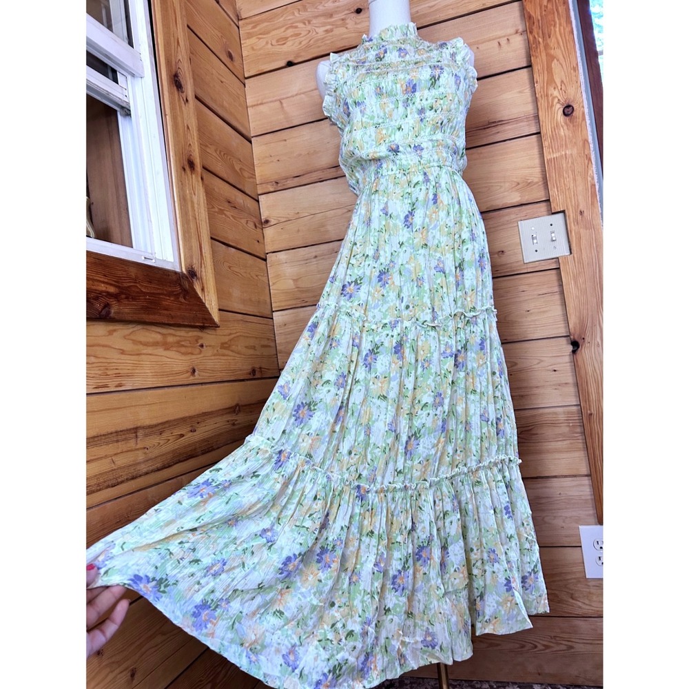 Tiered Smocked Maxi Dress Womens Small Green Floral Cottagecore Boho Dex Garden
